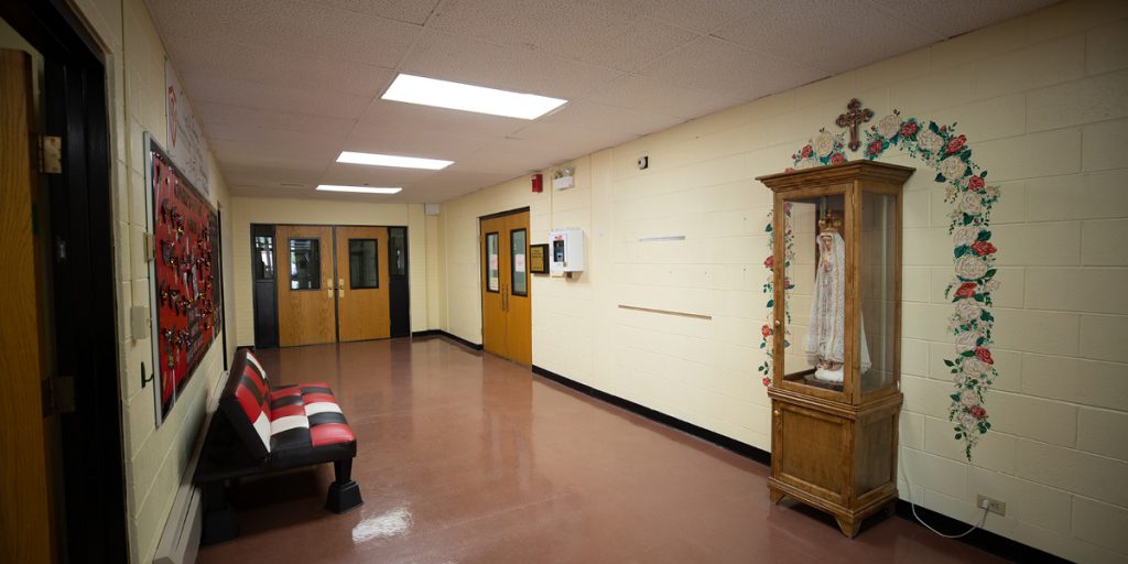 Pre-makeover hallway at Shrine of St. Annes School