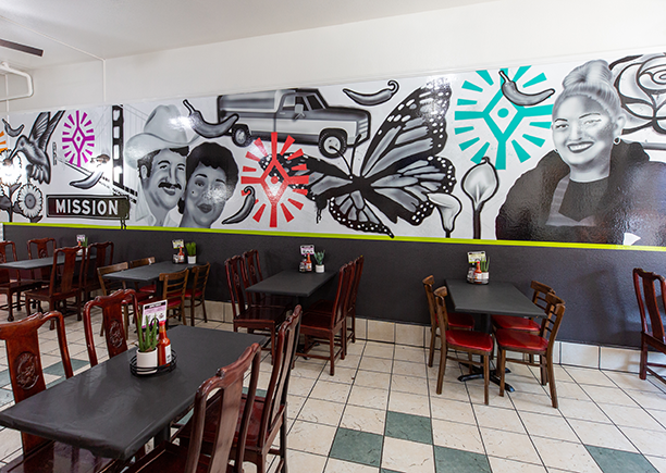 32-foot mural wall graphic inside Tio Chilo's restaurant
