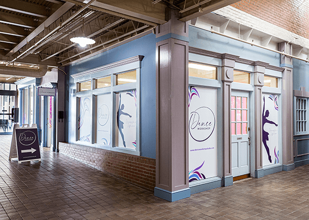 Window graphics and signage outside of Dance Workshop