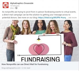 fundraising social media post on AlphaGraphics Oceanside LinkedIn