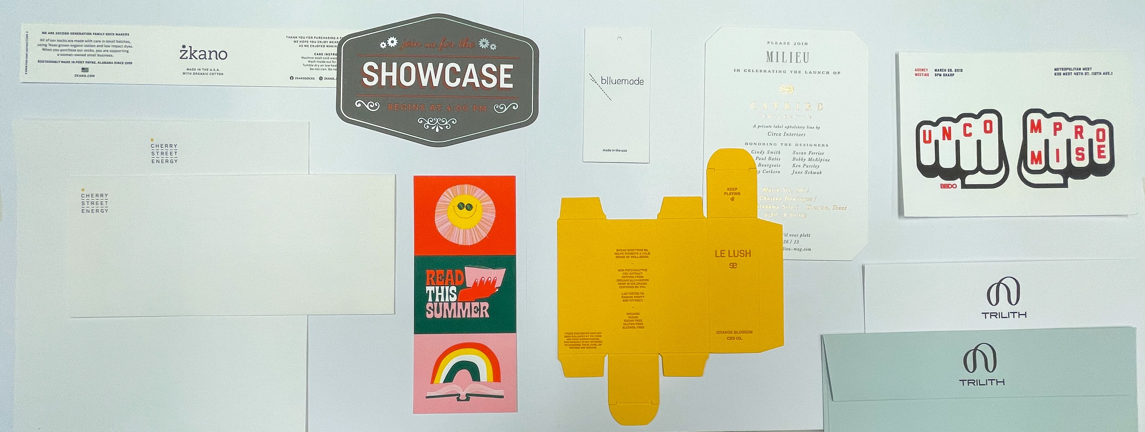 Multiple letterpress projects organized in a puzzle-like way.