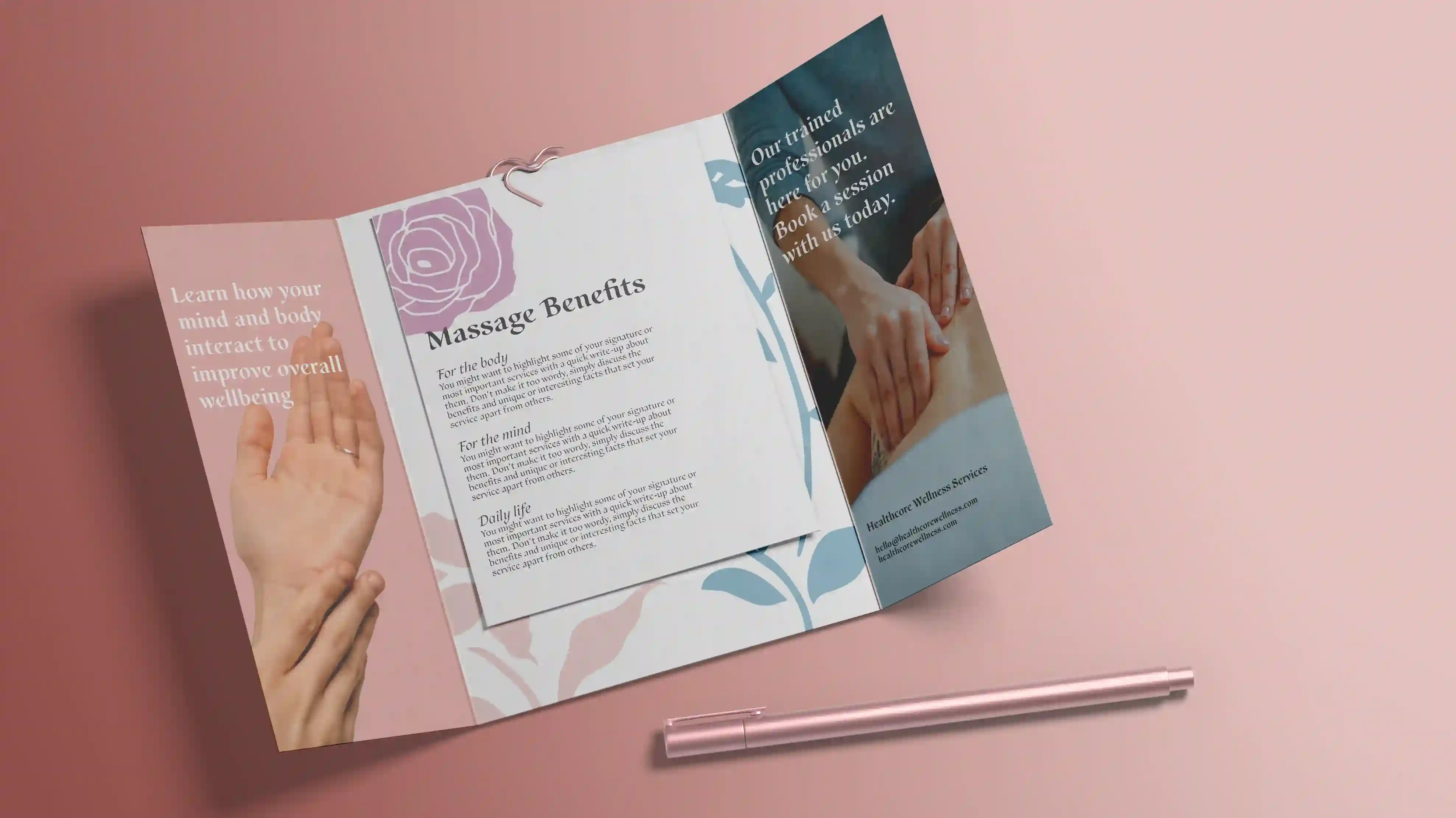 An image of a gate fold brochure about a massage parlor.