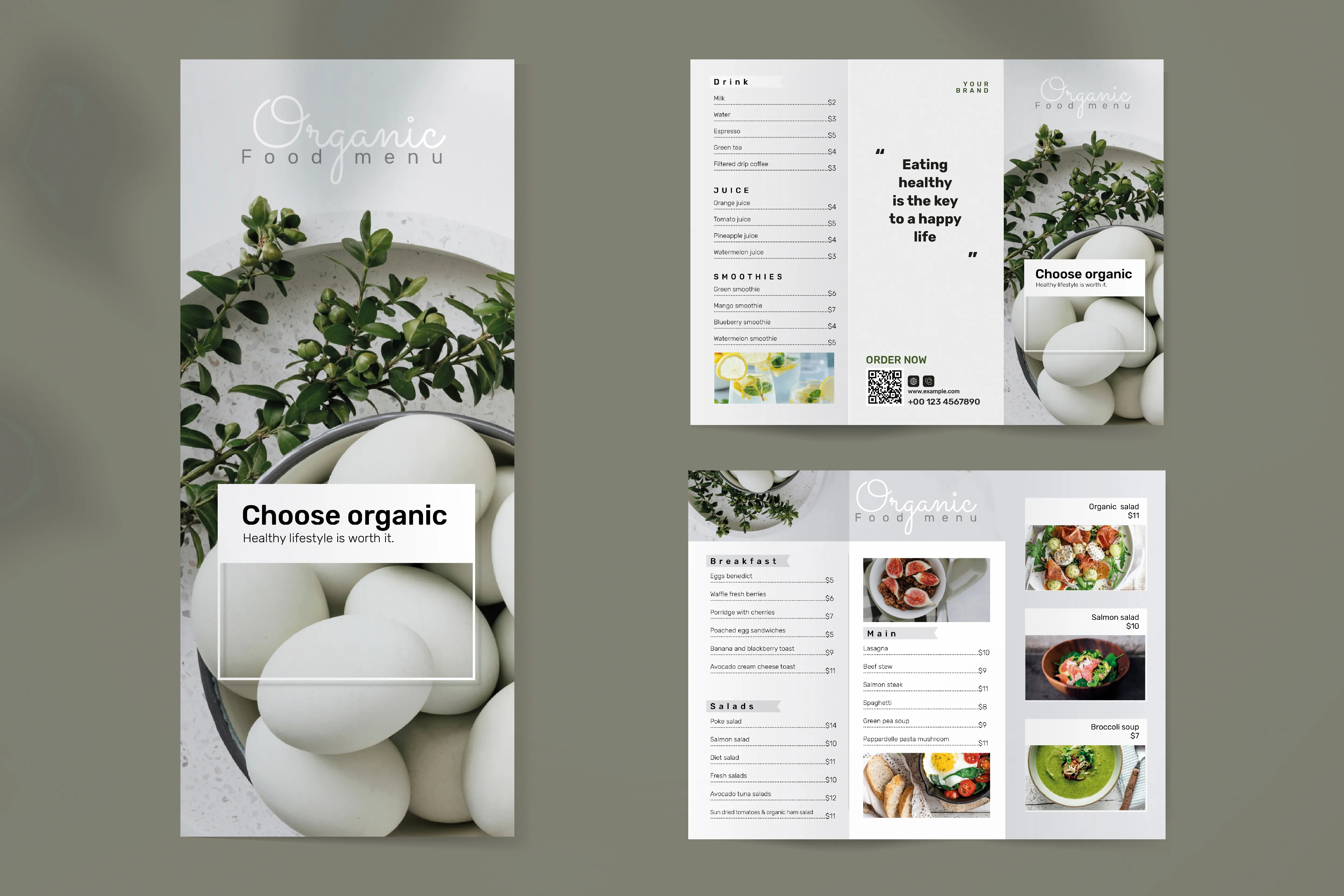 An image of a trifold brochure for an organic food restaurant.