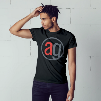 Black shirt with AG logo on model