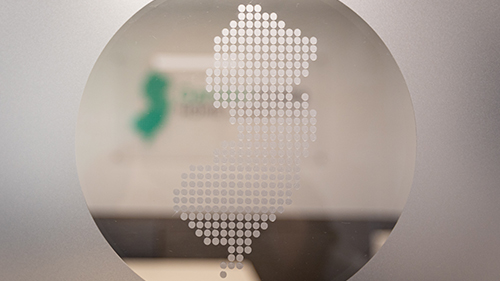 Custom Cut Logo on Conference room doors - close up