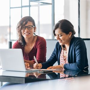Two small business owners looking at a laptop during a meeting