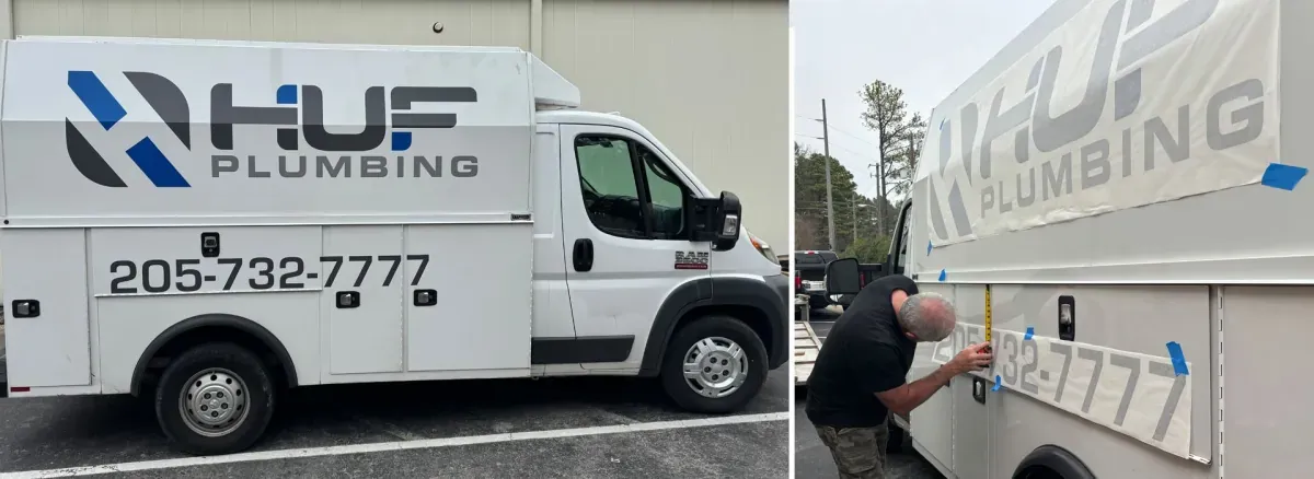HUF Plumbing service truck with custom lettering, and an installer applying the vinyl graphics