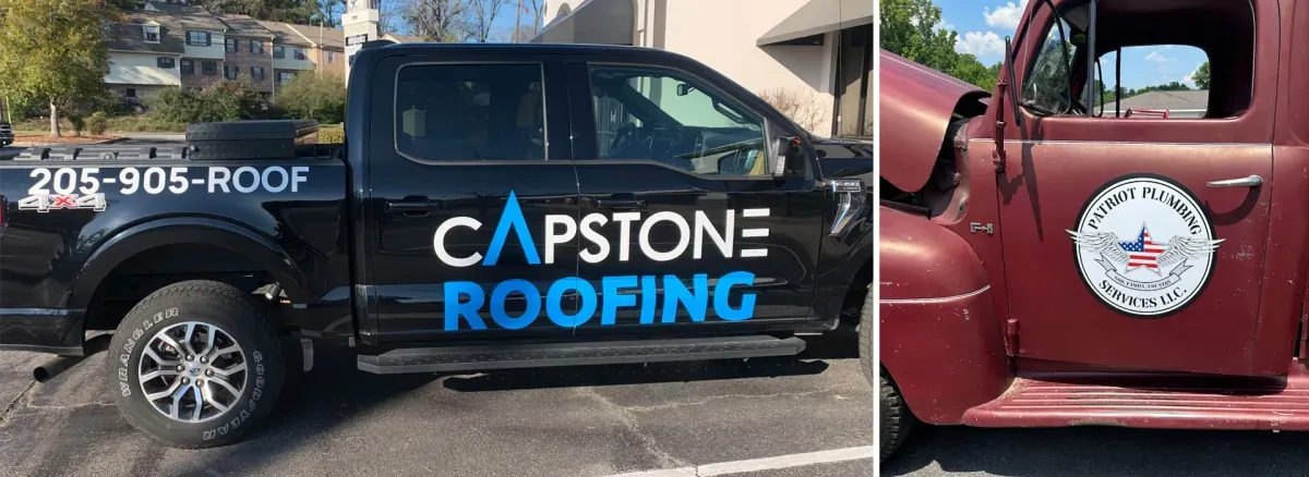 Capstone Roofing black pickup with door lettering, and a vintage red truck with a Patriot Plumbing door logo