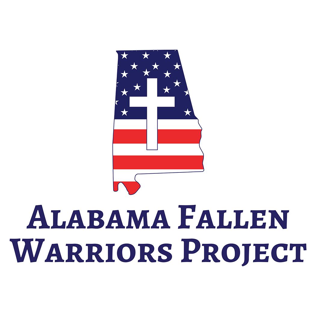 Alabama Fallen Warriors Project logo with an American flag Alabama state outline and white cross