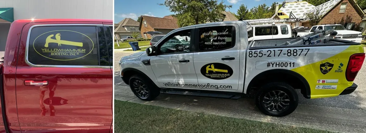 Yellowhammer Roofing logo on a red truck window, and a white pickup with partial wrap and lettering