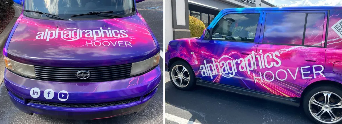 Full purple and pink vehicle wrap on the AlphaGraphics Hoover Scion xB, front and side views