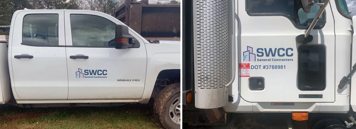 SWCC General Contractors logo decals on a white pickup and a work truck door with DOT number