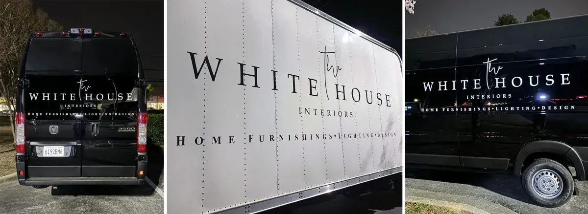 White House Interiors lettering on a white box truck and black vans