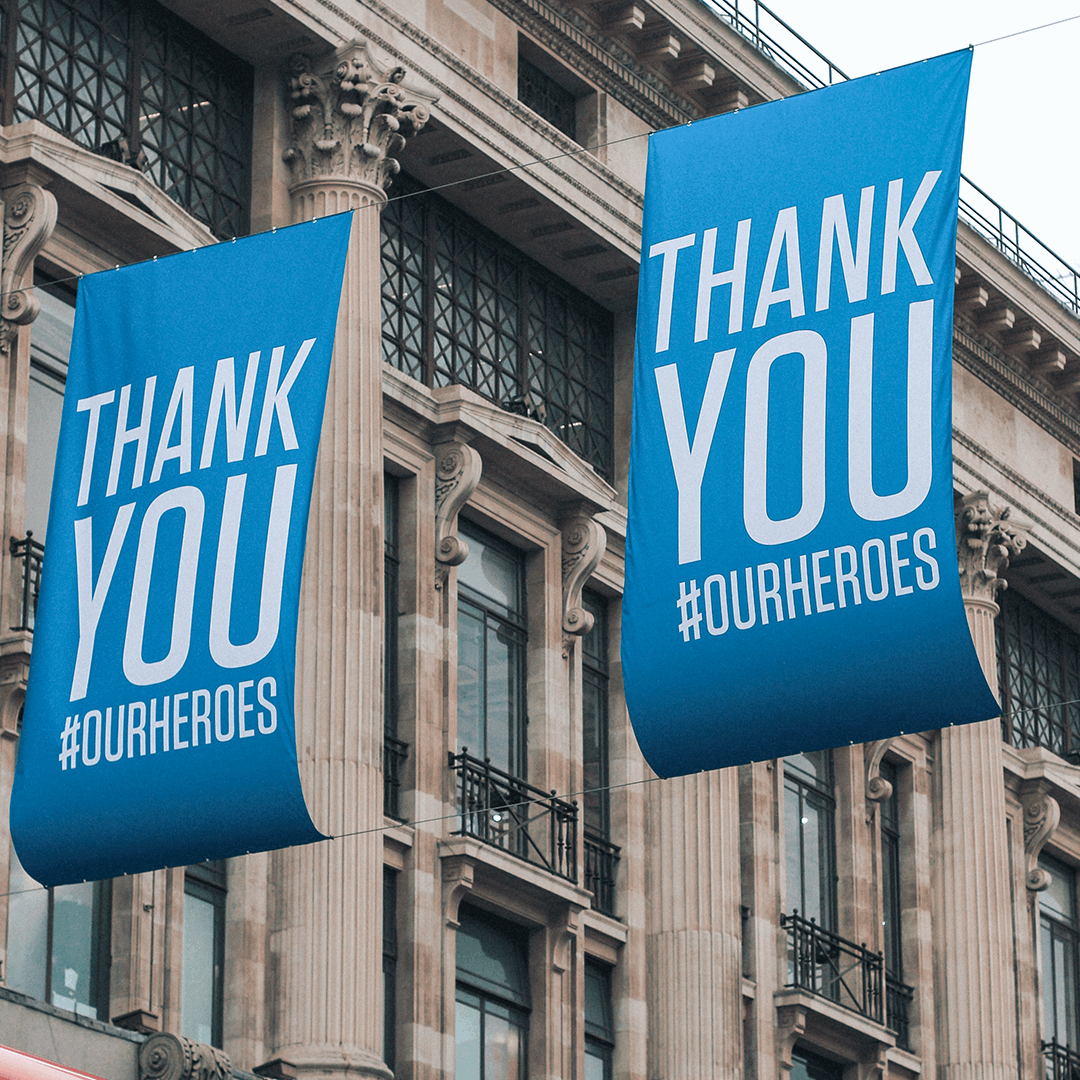 Blue banners hung above a city street