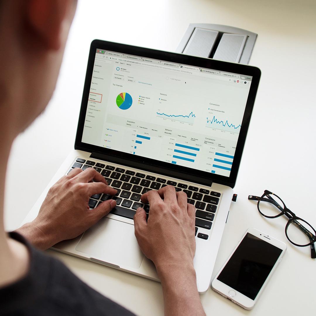 A person on their computer looking at SEO charts