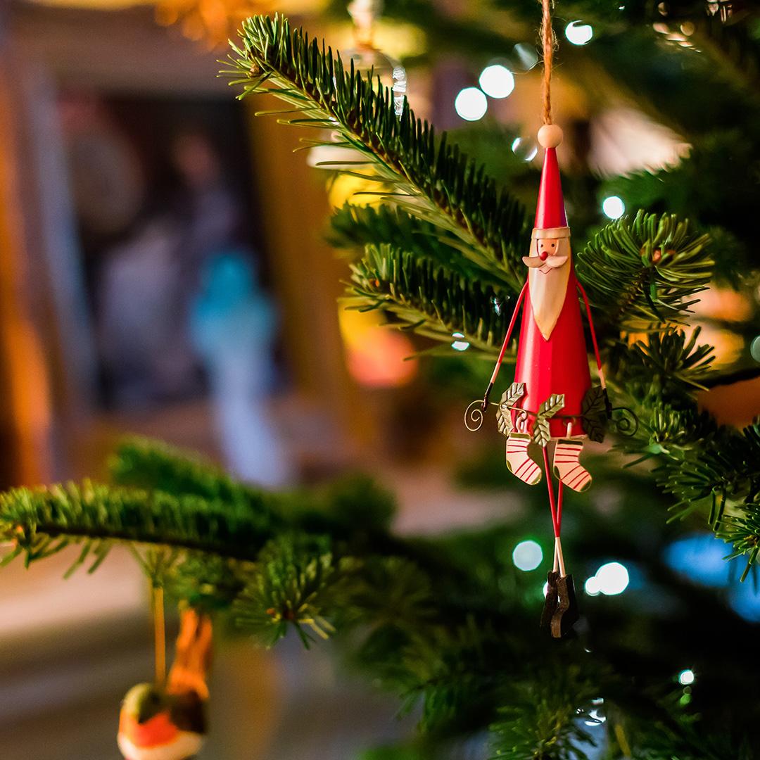 A Christmas tree with ornaments on it
