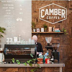 An interior logo sign in a cafe