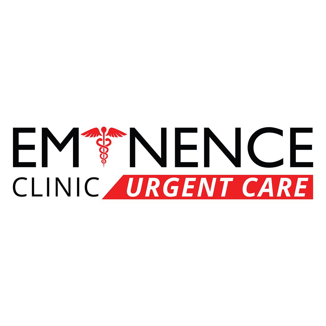 Eminence Clinic Urgent Care logo with a caduceus in place of the letter I and a red banner
