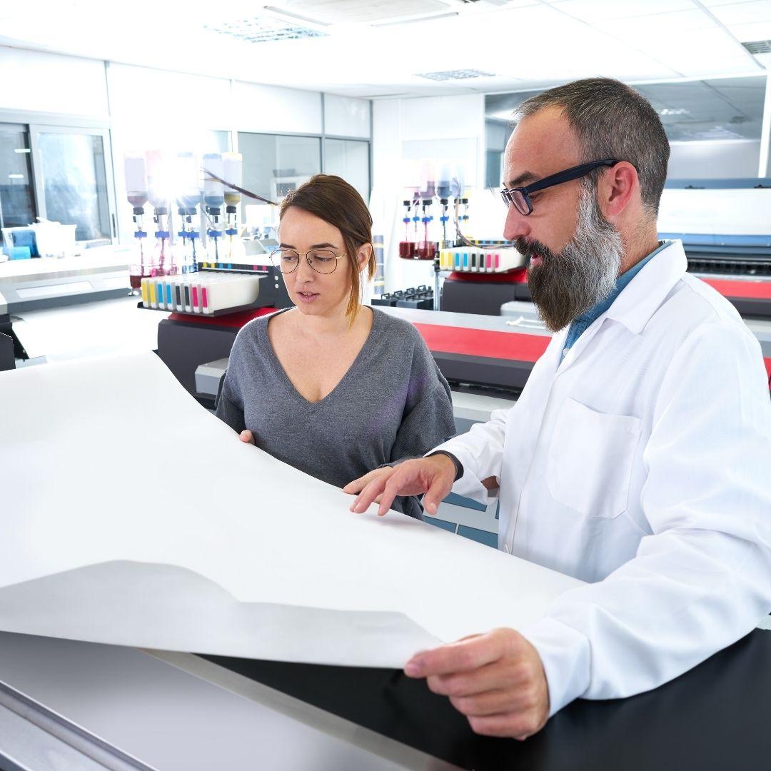 man and women looking at print