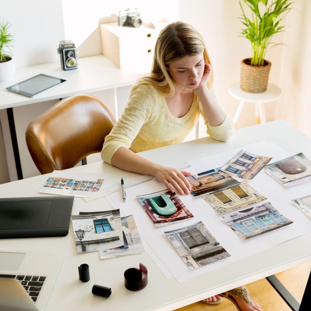 woman looking at portfolio