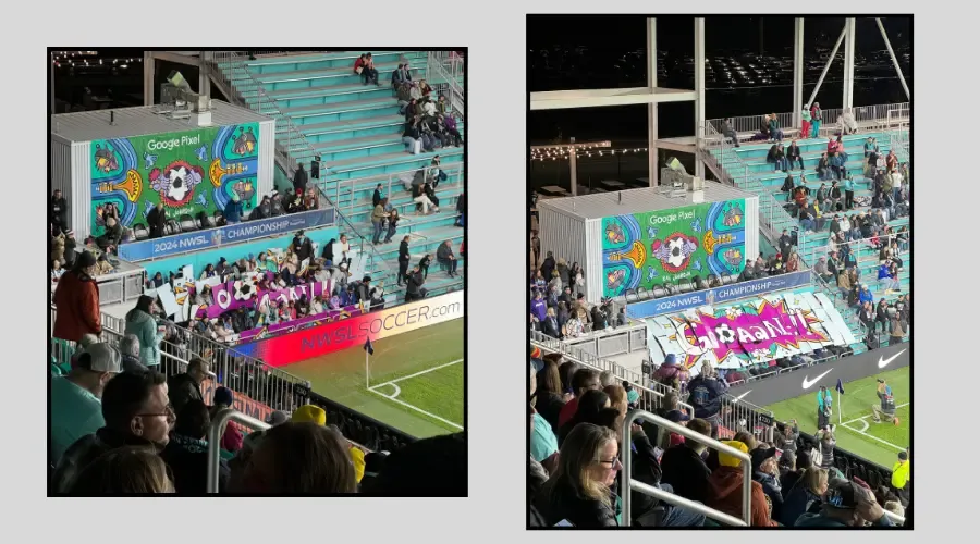 Side-by-side view of a flip card display in progress at the 2024 NWSL Championship, with fans revealing bold artwork below a colorful Google Pixel mural.