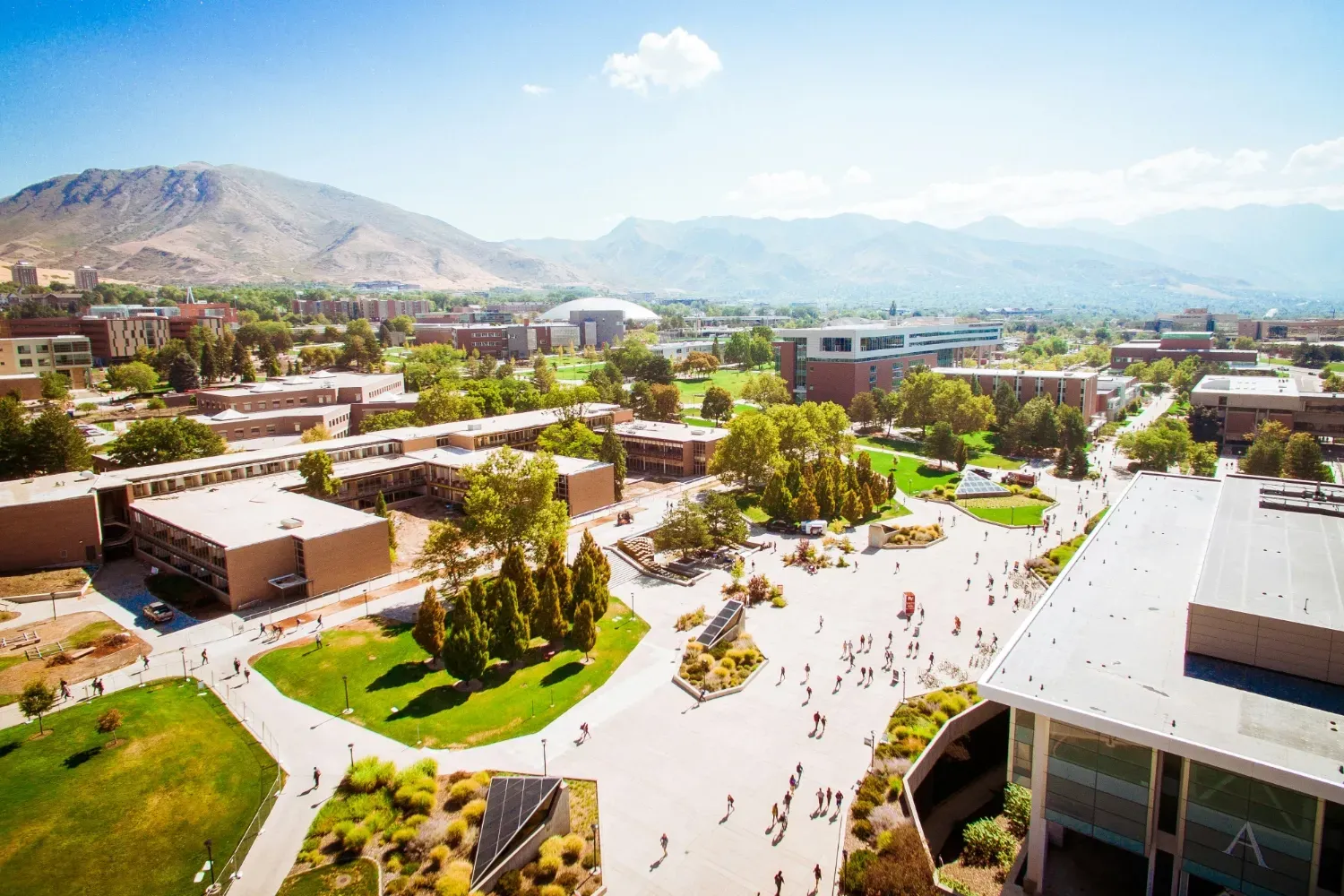 An aerial view of a college campus.