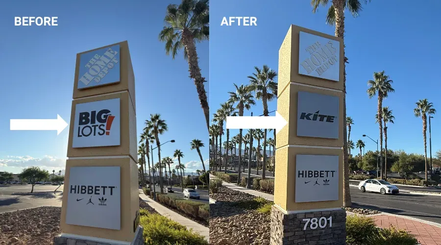 Before and after comparison of refurbished retail pylon sign