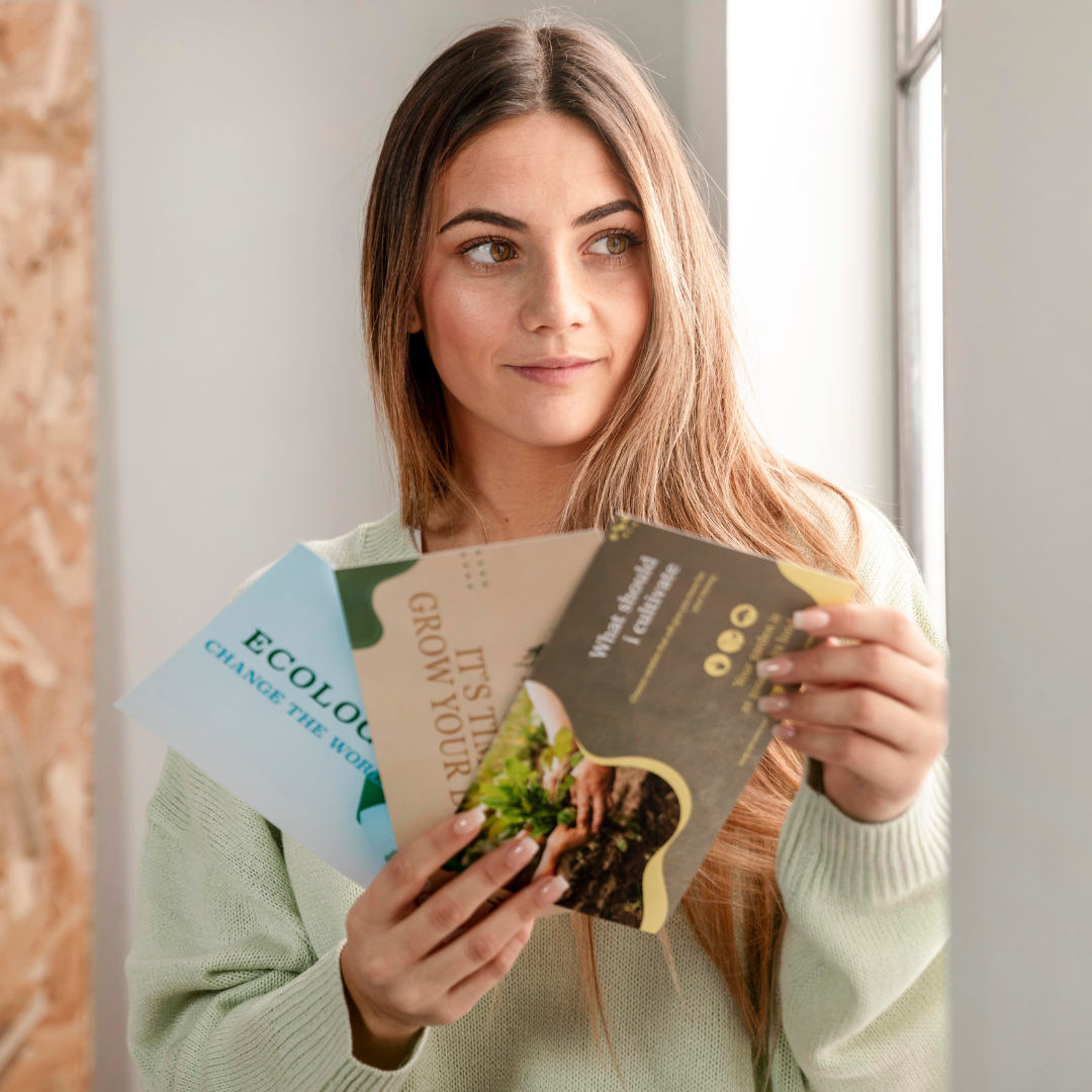 woman looking at fliers