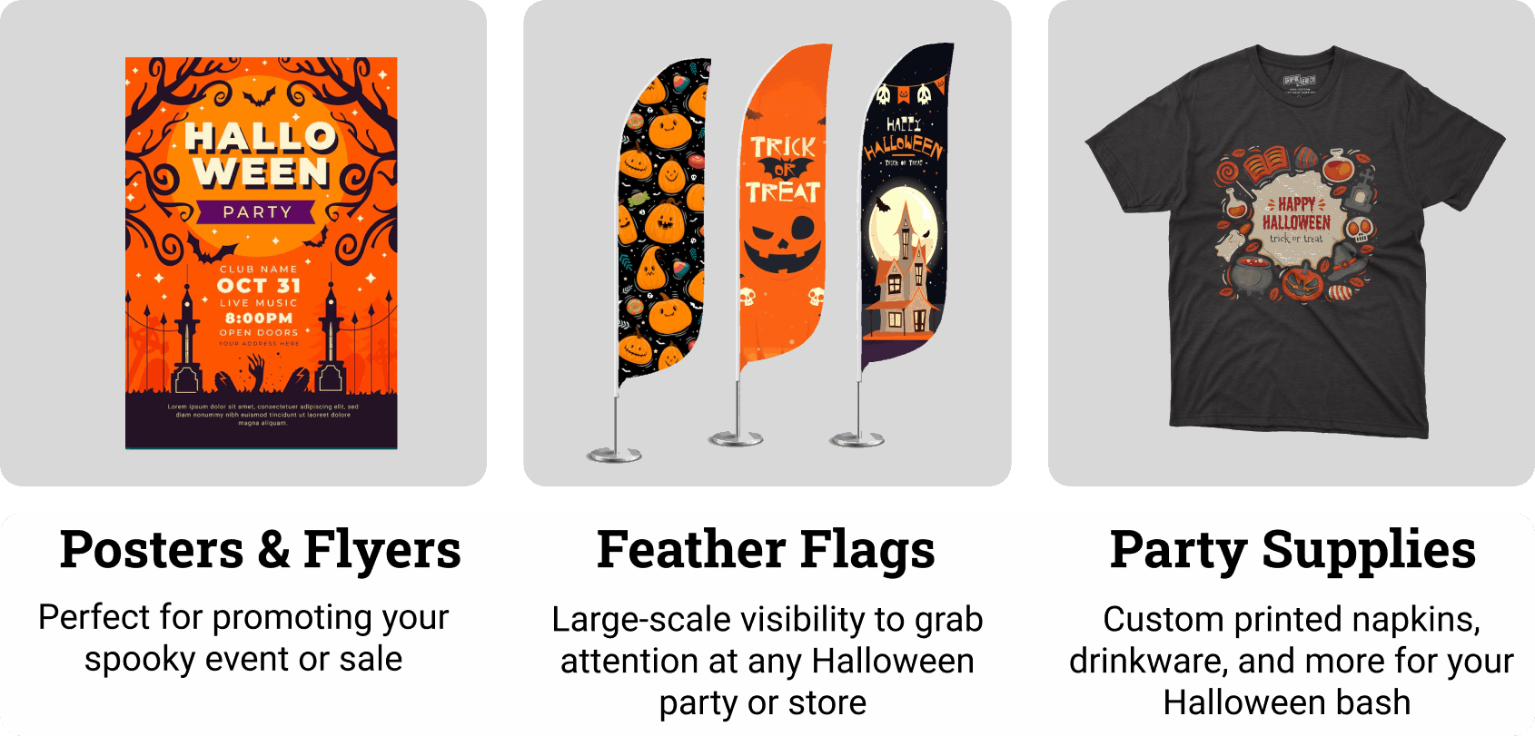 halloween posters flags and party shirts
