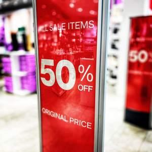 Sales banners at the entrance of a store