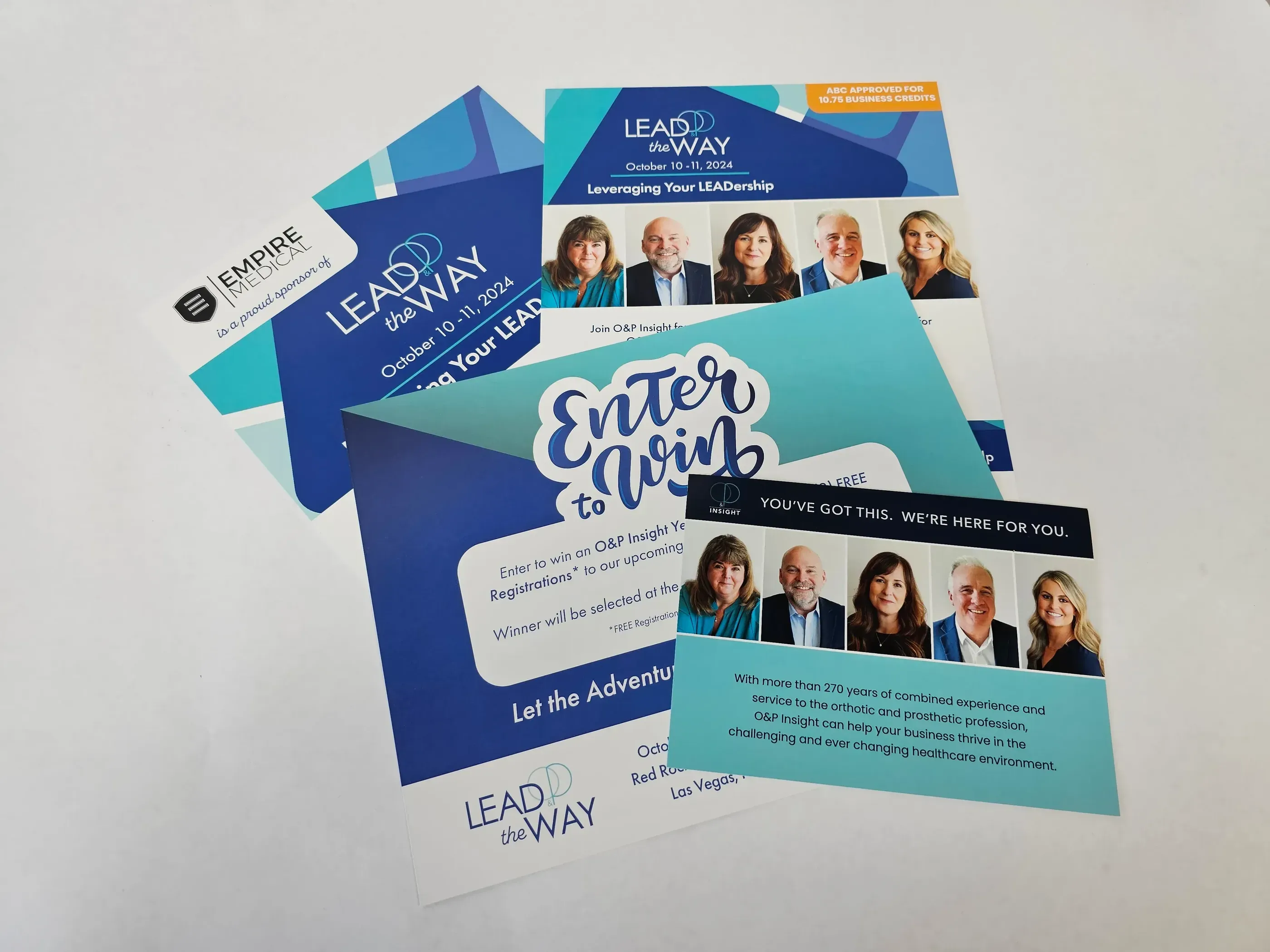Printed collateral for the Lead the Way event, including informational flyers, an ‘Enter to Win’ card, and sponsor details, featuring promotional offers and insights from event speakers.