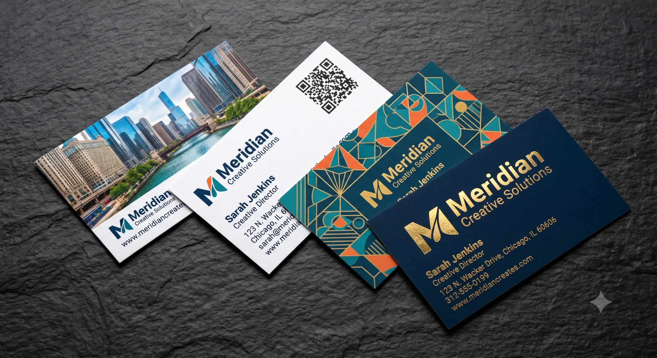 Meridian business cards with various colors