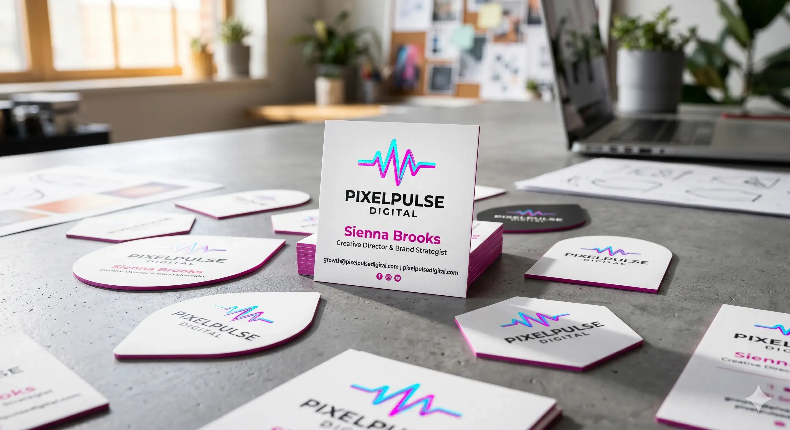 PixelPulse business cards in various shapes