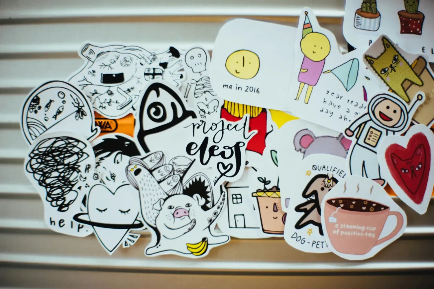 A collection of various stickers.
