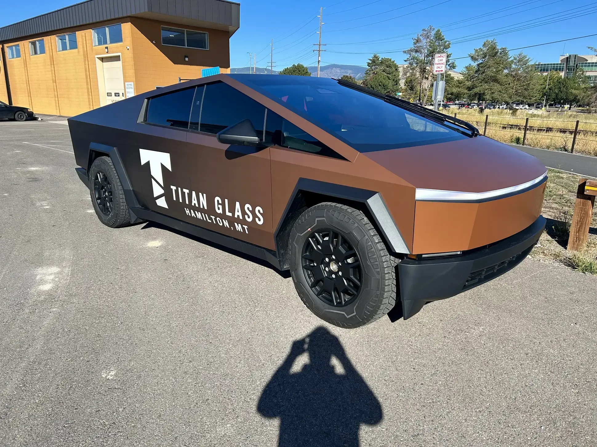 Custom vehicle graphics wrap on a Cyber Truck at AlphaGraphics Missoula