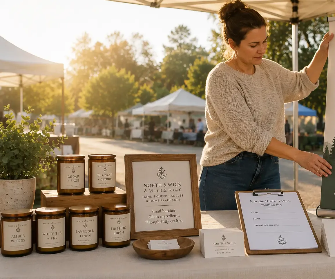 A woman setting up an outdoor booth with printed products