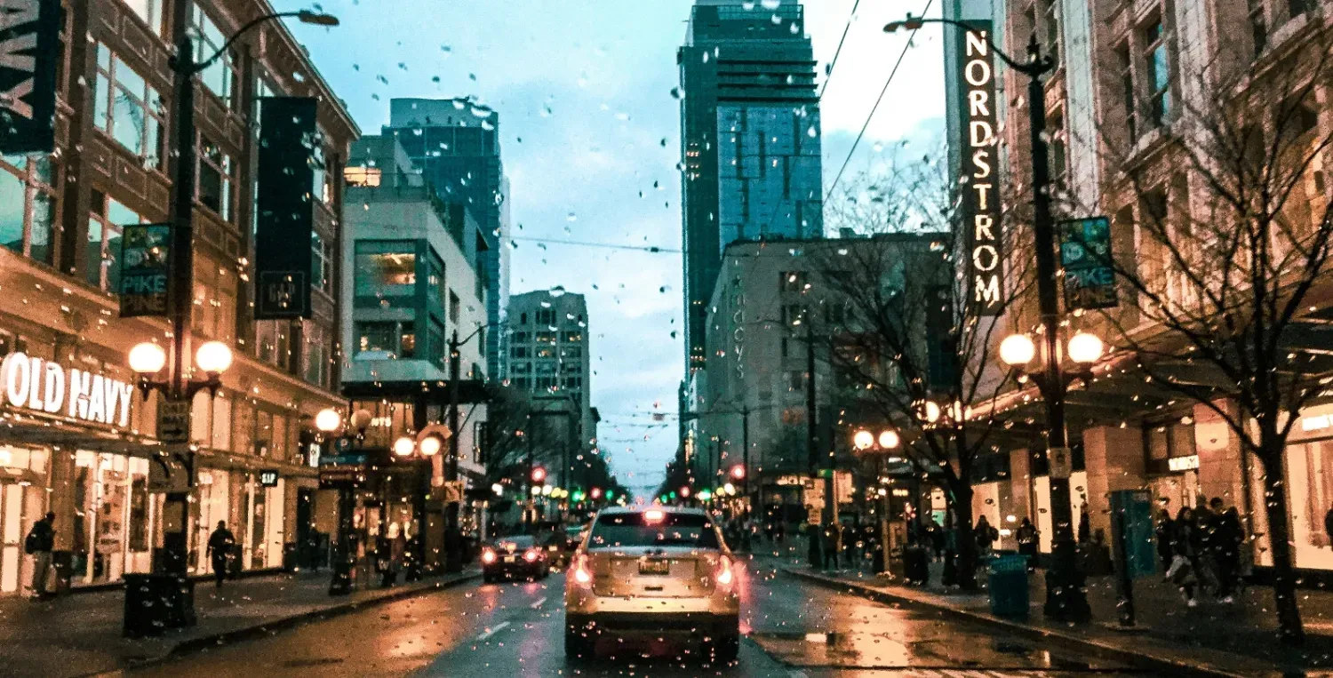A rainy city street.