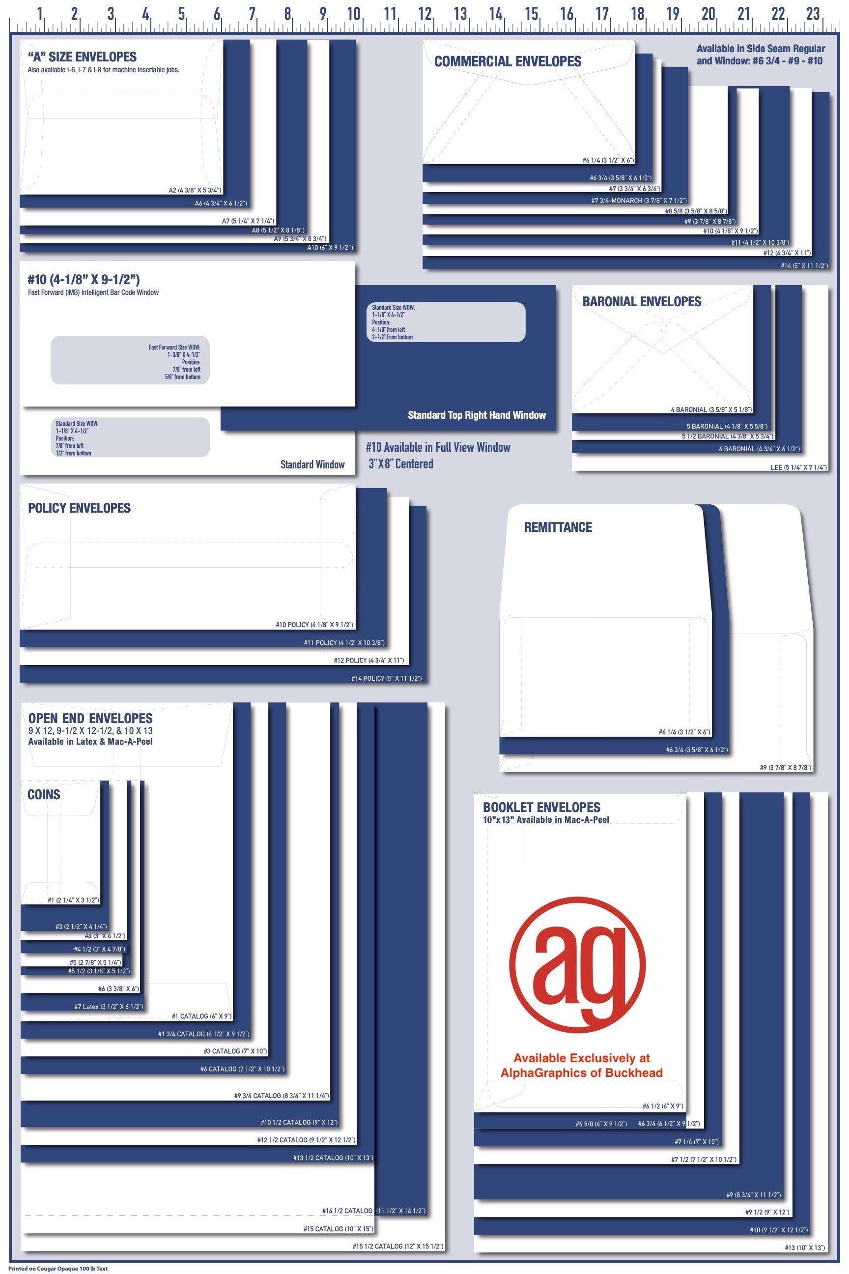 A chart showing the various sizes of envelopes available to you.