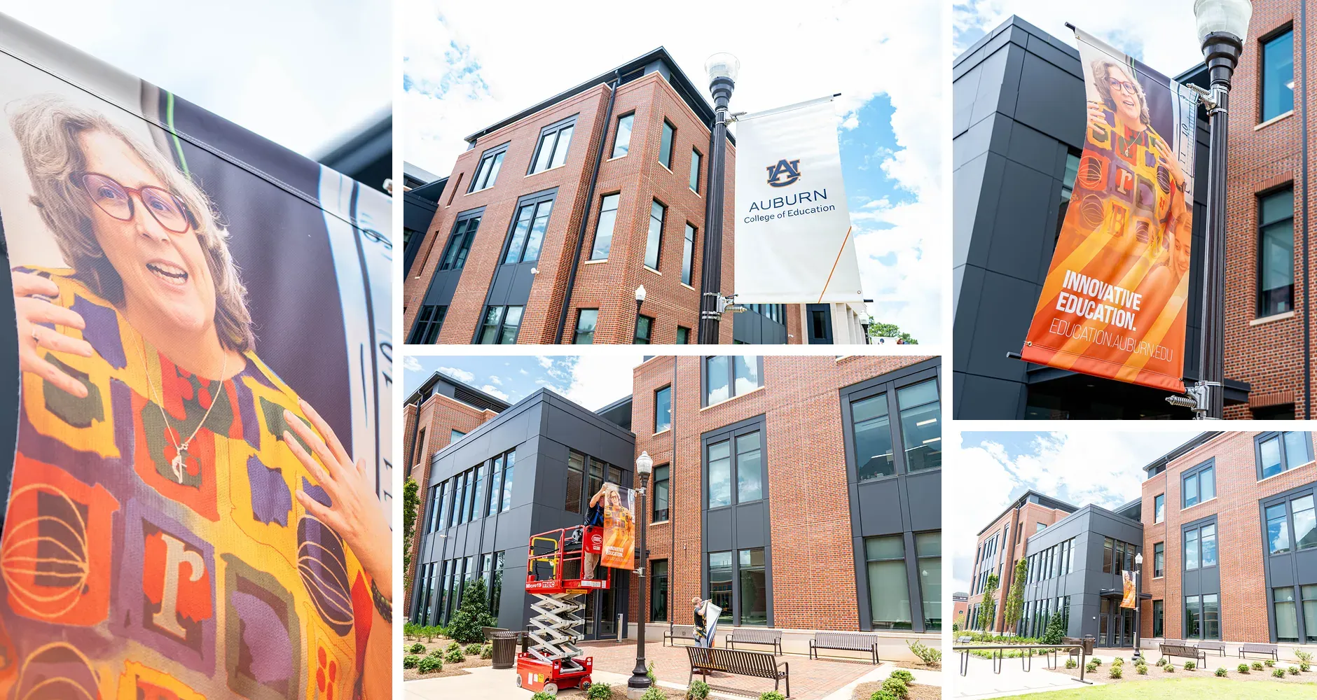 Collage of custom light pole banners printed and installed by AlphaGraphics Hoover for Auburn University's College of Education