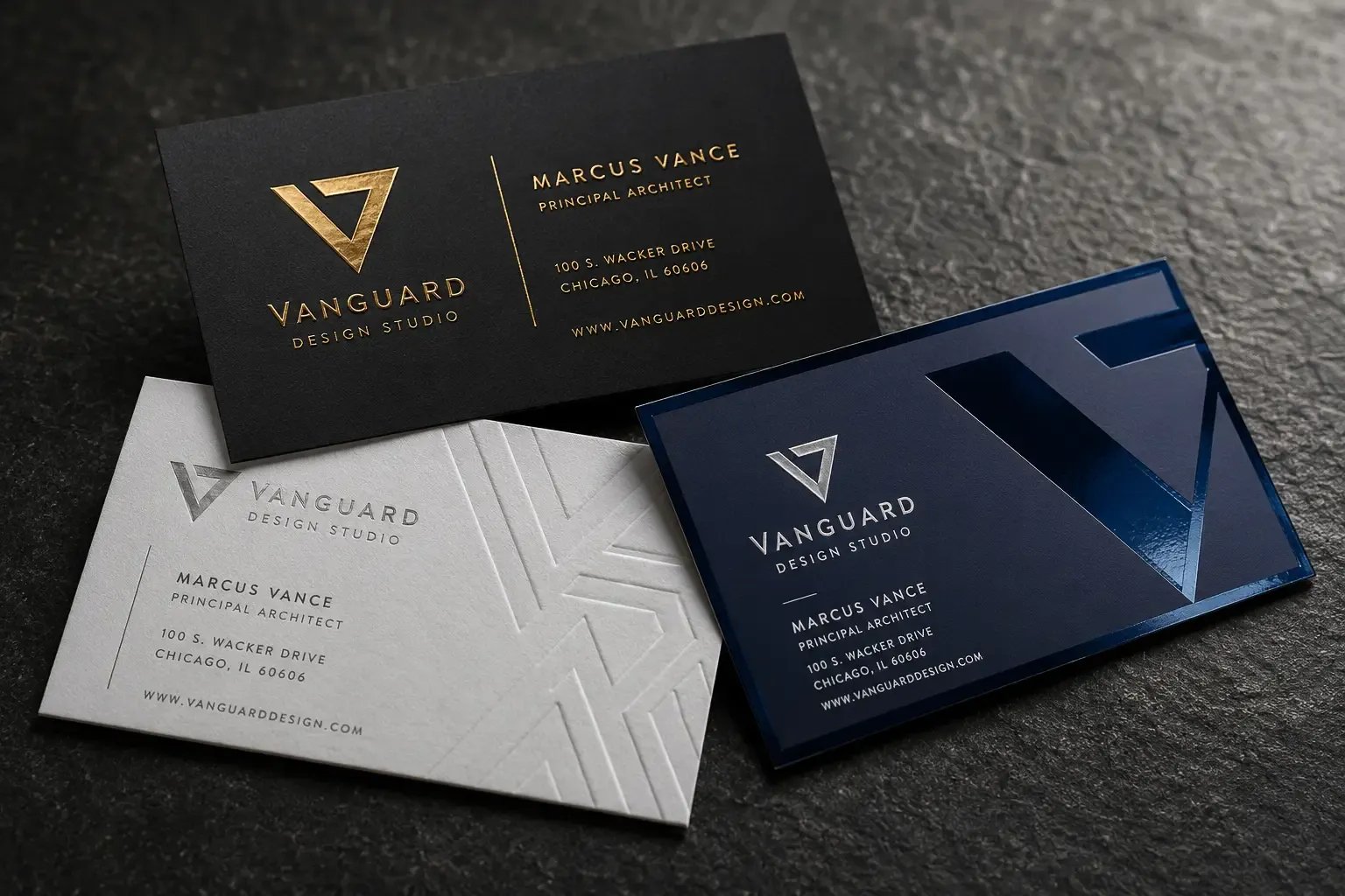 VanGuard business cards with different finishes