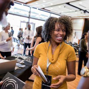 Woman at event with promotional products