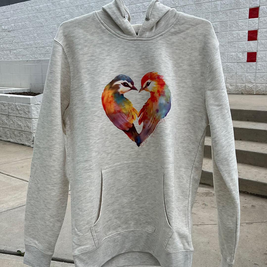 Grey Hoodie With Custom Printed Image Of Watercolor Birds