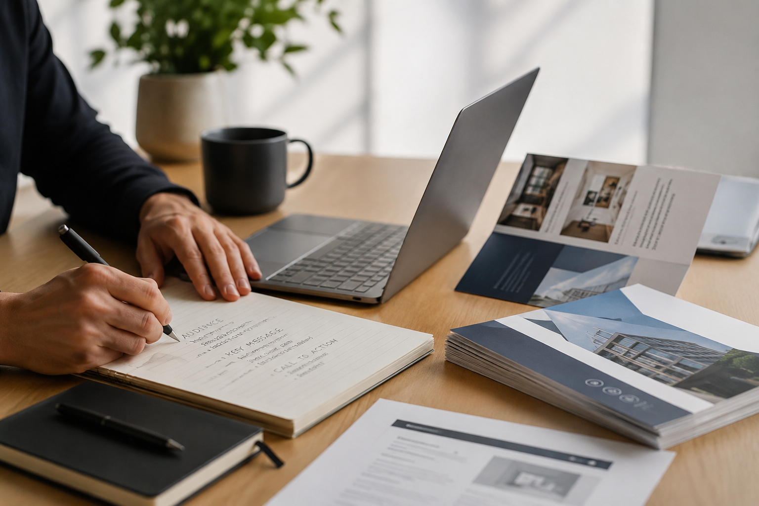 man at desk writing in notebook, laptop and booklets by his side