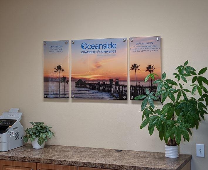 Indoor office acrylic three-panel display with triptych design