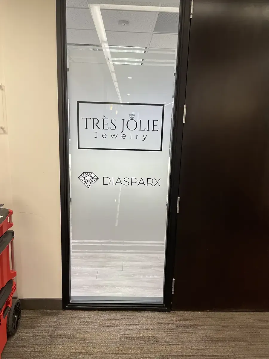 Indoor frosted glass signage at AlphaGraphics Scottsdale Old Town