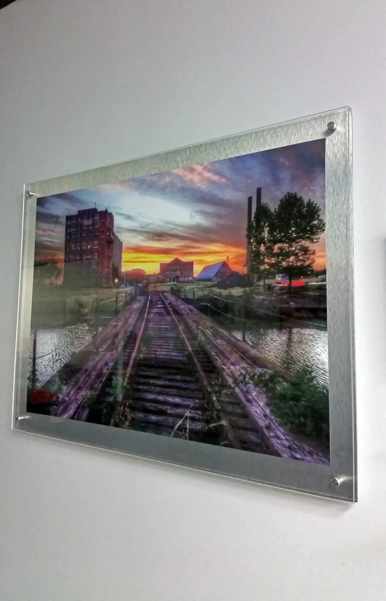 Acrylic-mounted photo print on a wall