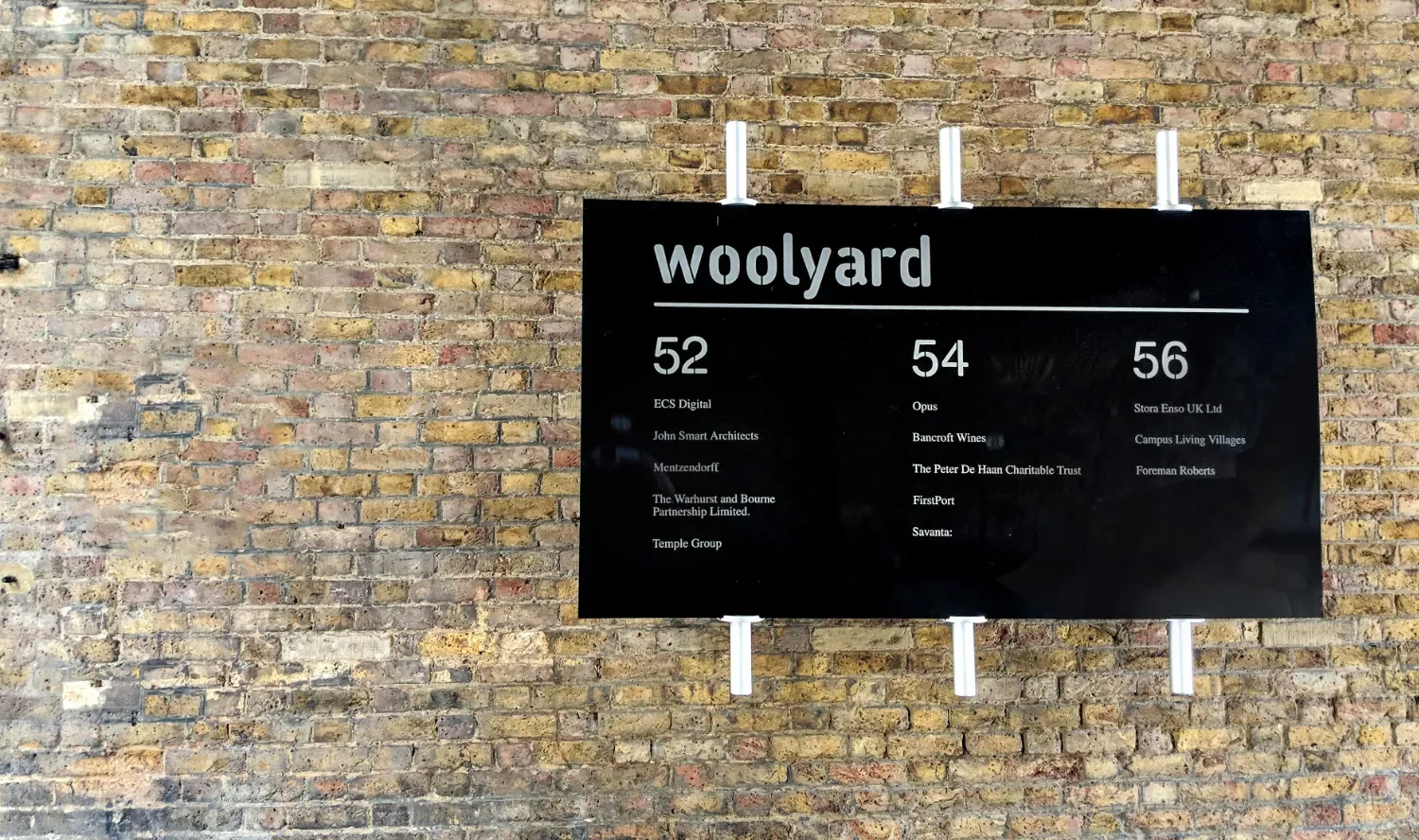 An informational sign on the wall with a list of businesses.