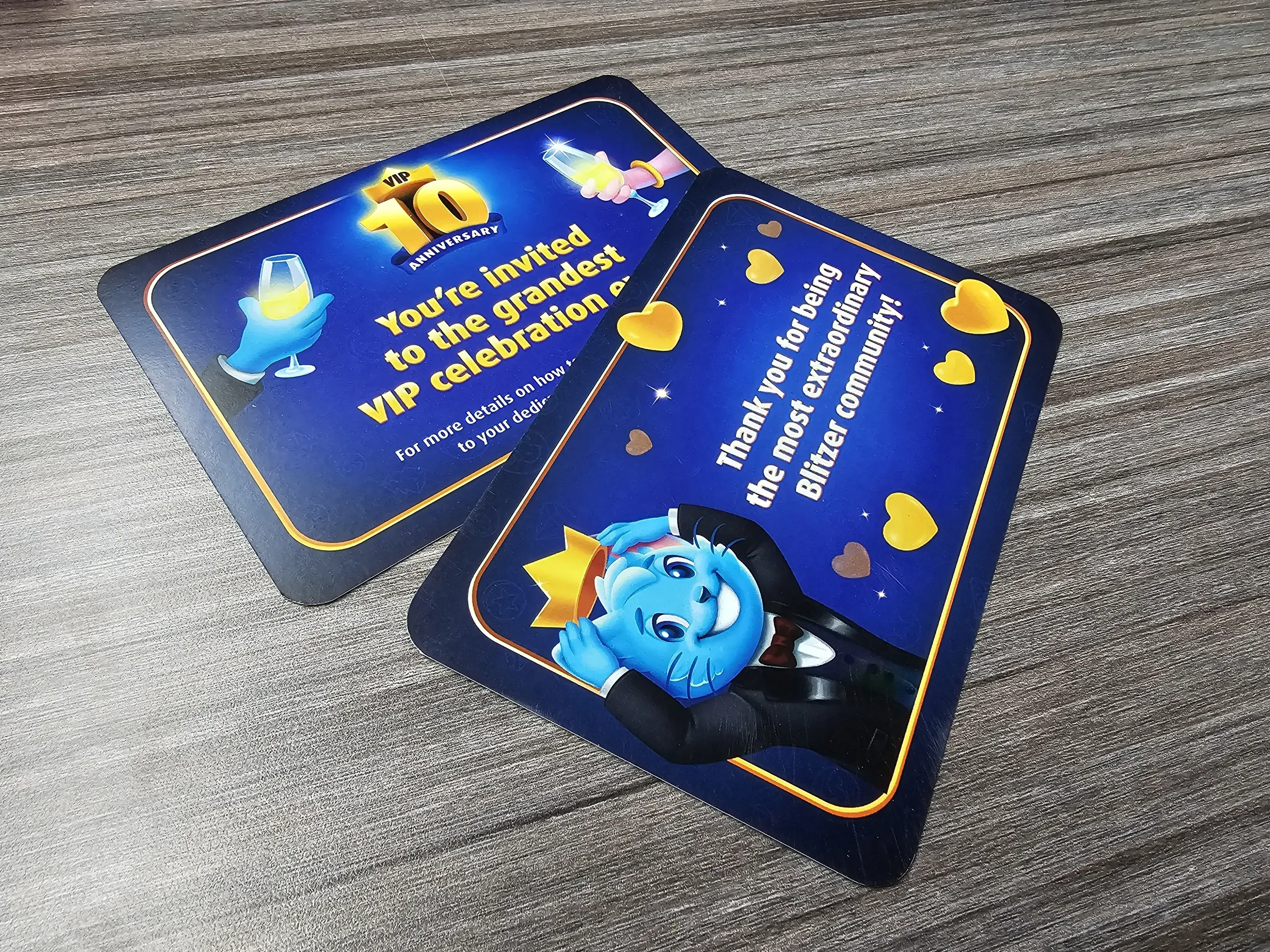 Vibrant invitation cards for a VIP celebration, featuring bold text, bright colors, and a playful character illustration. The card displays a cheerful and engaging design perfect for special events.