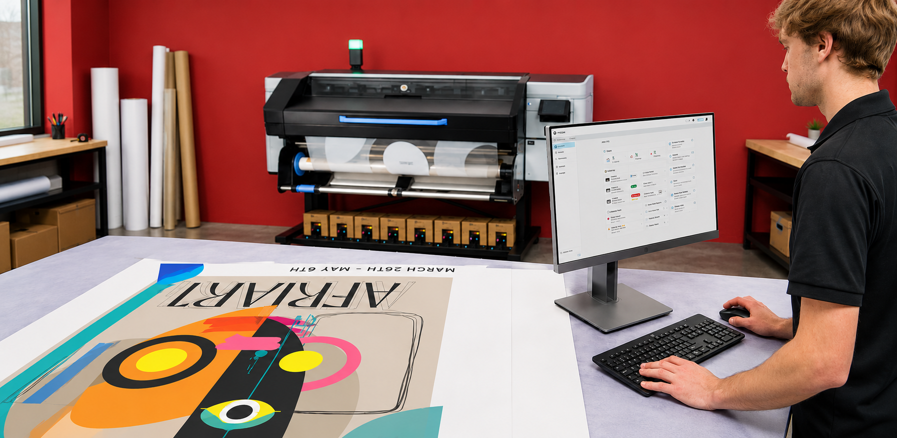 man working at the counter of a print shop