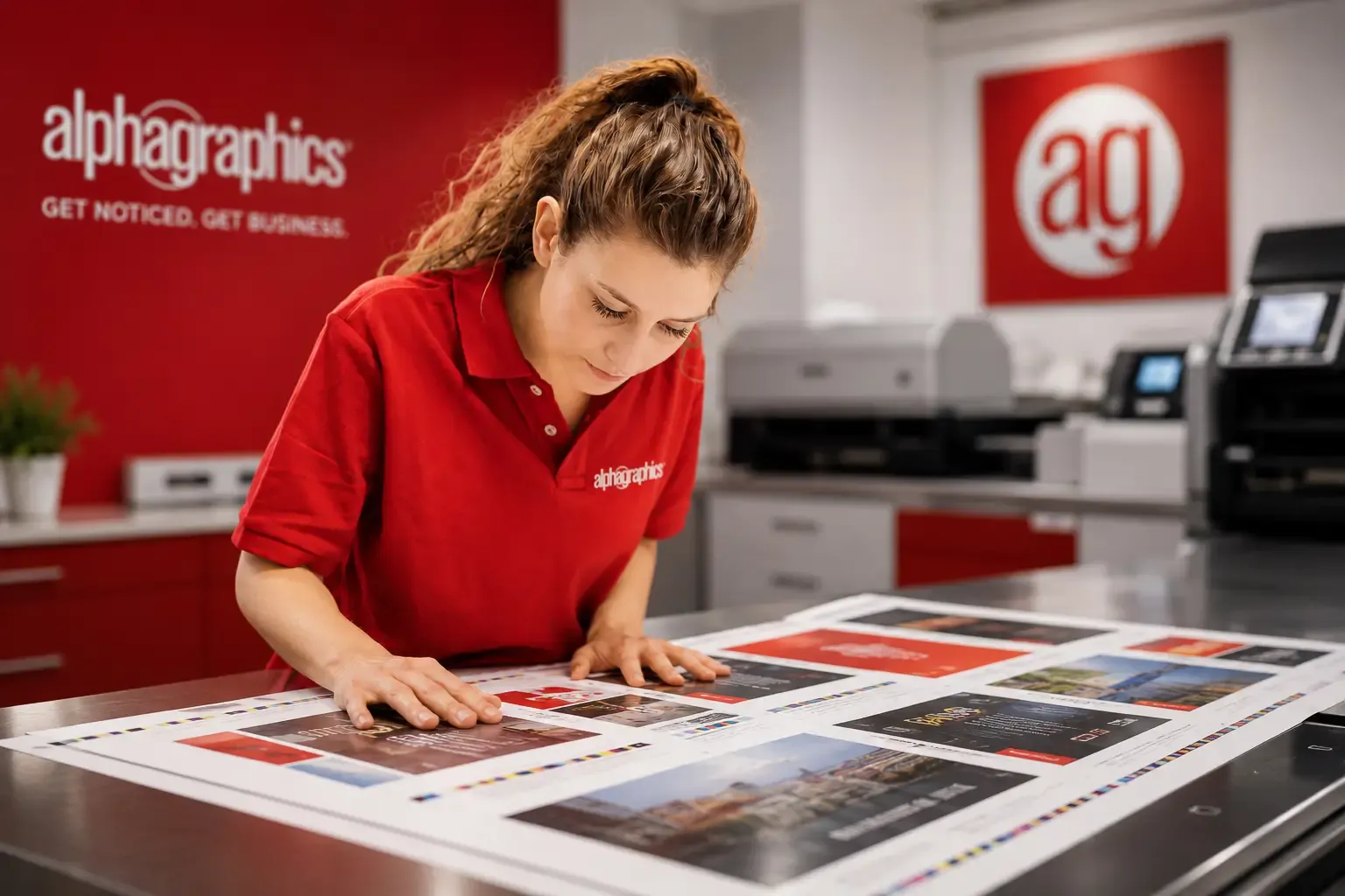 An AlphaGraphics employee reviewing custom prints